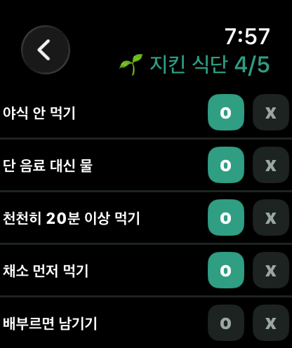 애플워치 지킨 식단 O/X 화면